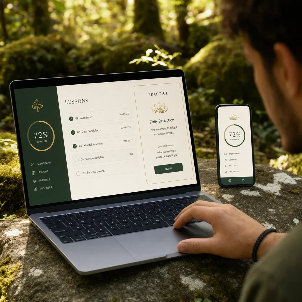 Inside the program: course dashboard with modules, lessons and reference guides